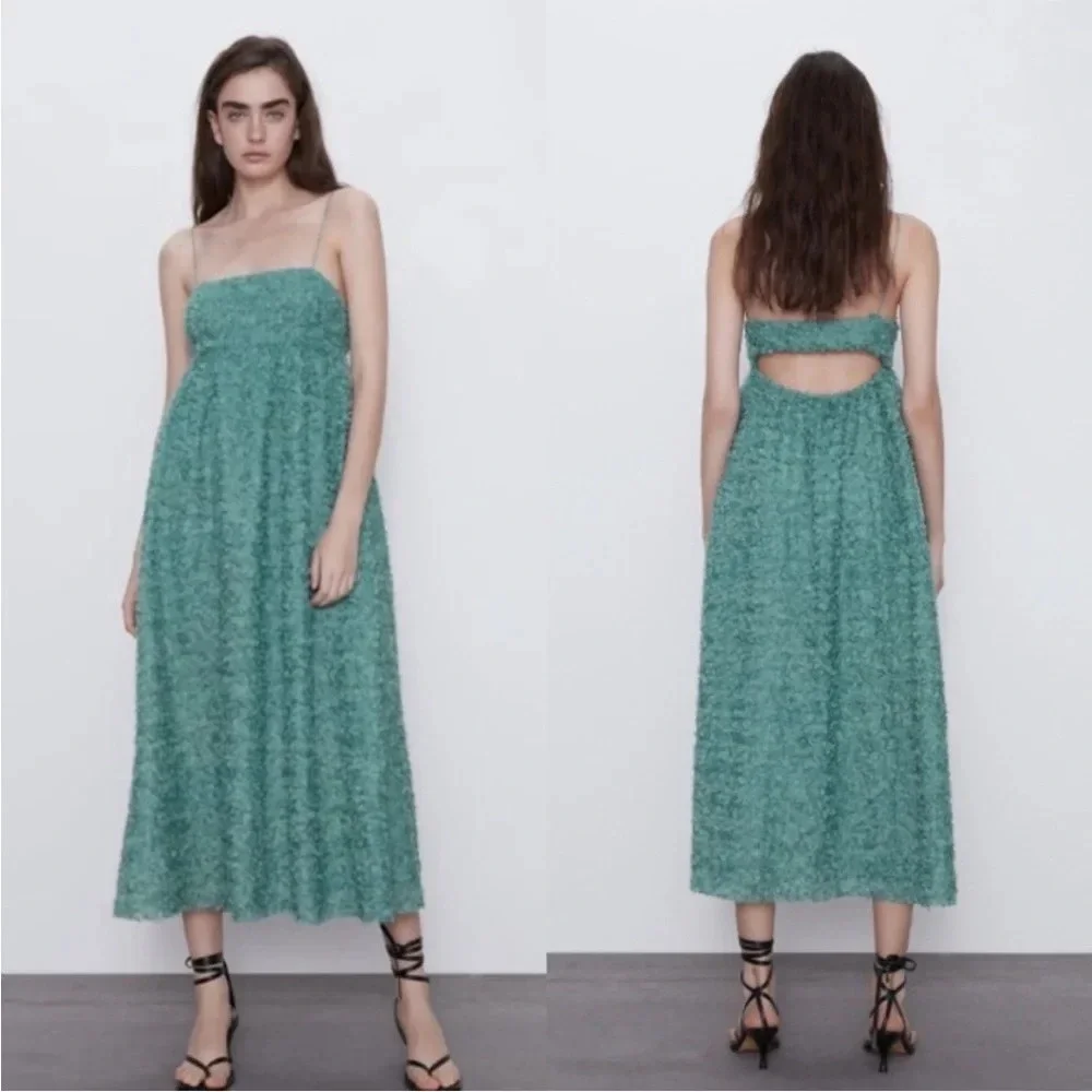 ZARA Textured Weave Sea Foam Green Floral Spaghetti Strap Summer Midi Dress - Picture 1 of 10